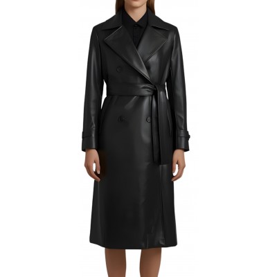 Trois quart classique femme en cuir d'agneau noir fermeture par boutons et ceinture en cuir modèle Palomane