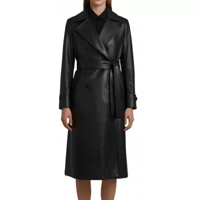 Trois quart classique femme en cuir d'agneau noir fermeture par boutons et ceinture en cuir modèle Palomane