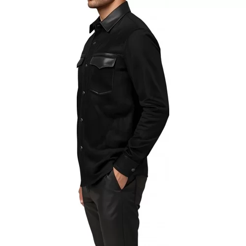 Chemise homme en agneau velours et cuir noir fermeture par boutons pressions modèle Acedore