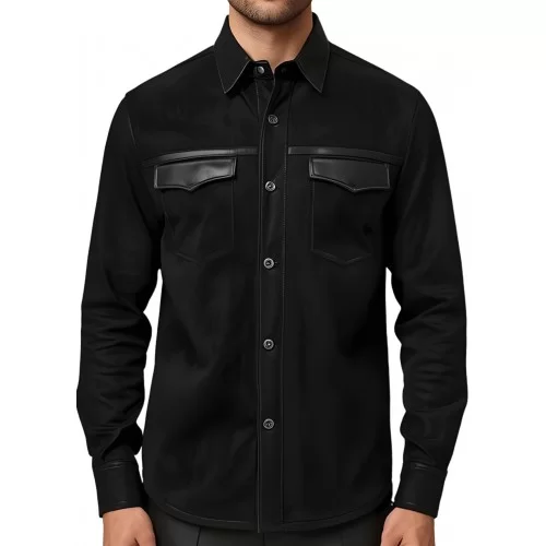 Chemise homme en agneau velours et cuir noir fermeture par boutons pressions modèle Acedore