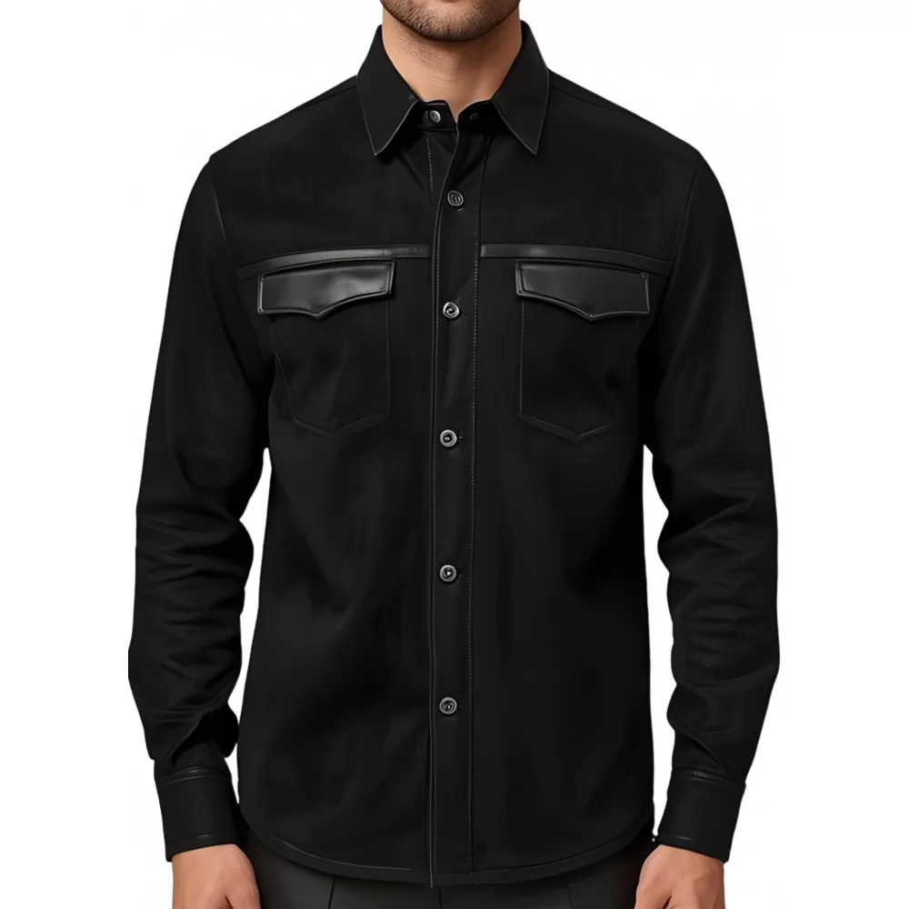 Chemise homme en agneau velours et cuir noir fermeture par boutons pressions modèle Acedore