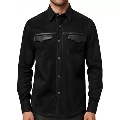 Chemise homme en agneau velours et cuir noir fermeture par boutons pressions modèle Acedore