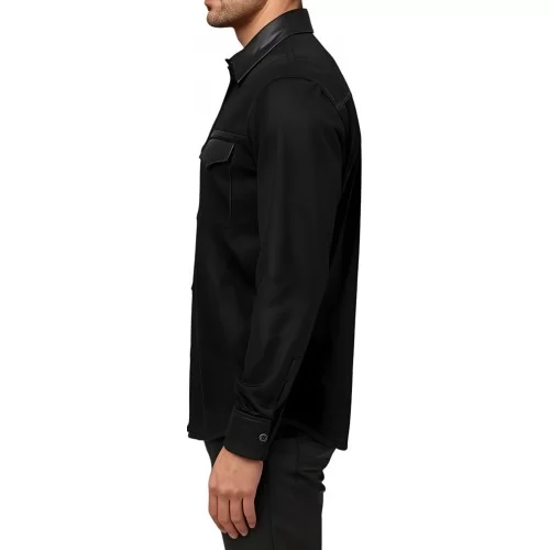 Chemise homme en agneau velours et cuir noir fermeture par boutons pressions modèle Acedore