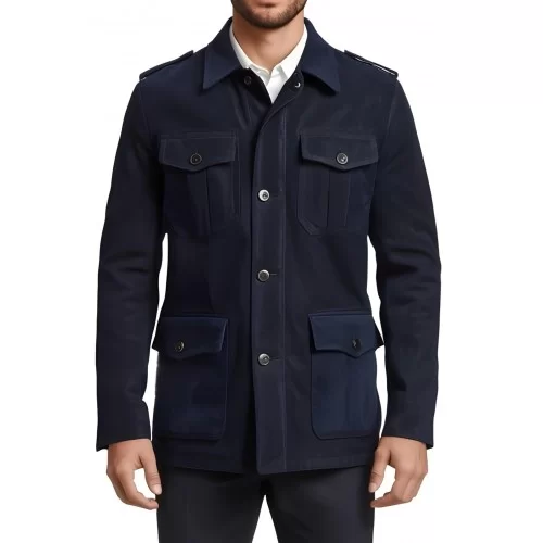 Veste de combat en peau d'agneau velours homme couleur bleu marine modèle Hérony