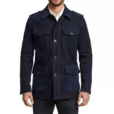 Veste de combat en peau d'agneau velours homme couleur bleu marine modèle Hérony