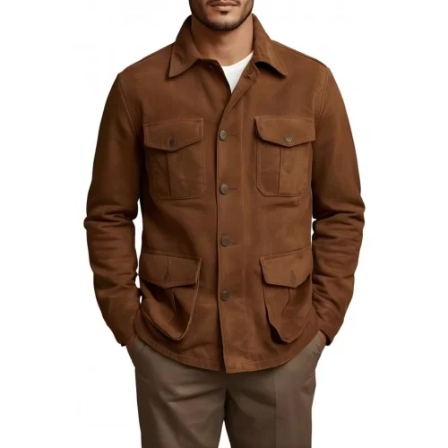 Veste de combat saharienne en peau d'agneau velours marron homme modèle Galilo