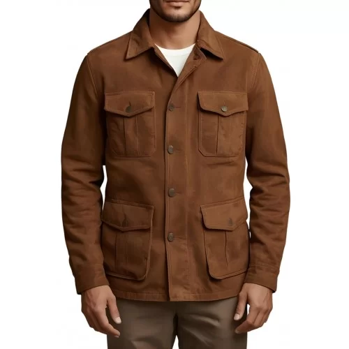 Veste de combat saharienne en peau d'agneau velours marron homme modèle Galilo