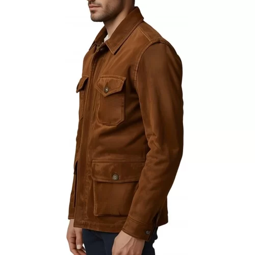Veste de combat saharienne en peau d'agneau velours marron homme modèle Xino