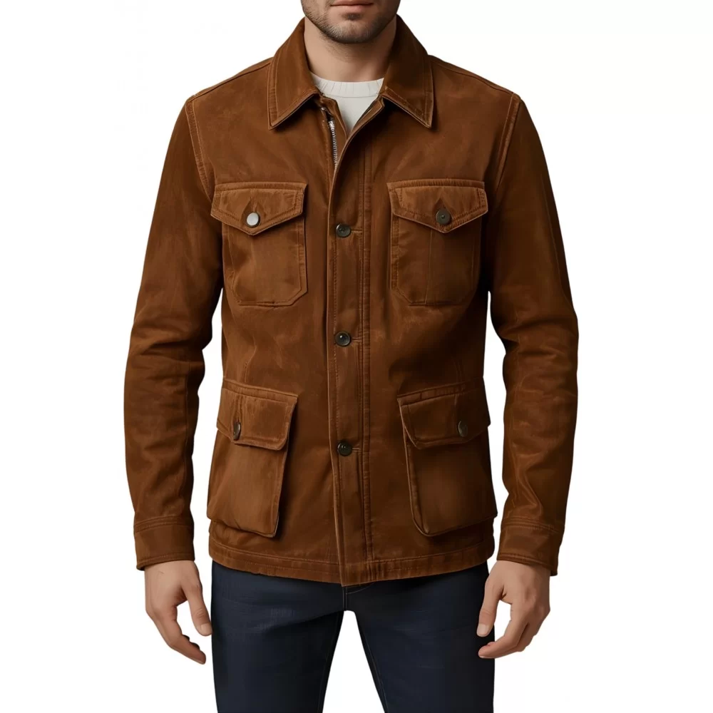 Veste de combat saharienne en peau d'agneau velours marron homme modèle Xino Veste de combat saharienne en peau d'agneau velours marron homme modèle Xino