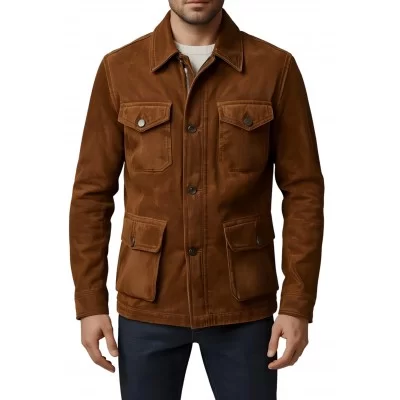 Veste de combat saharienne en peau d'agneau velours marron homme modèle Xino