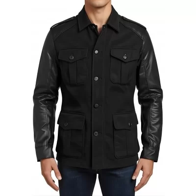 veste de combat type saharienne bi matière en agneau et agneau velours façon daim modèle Filly