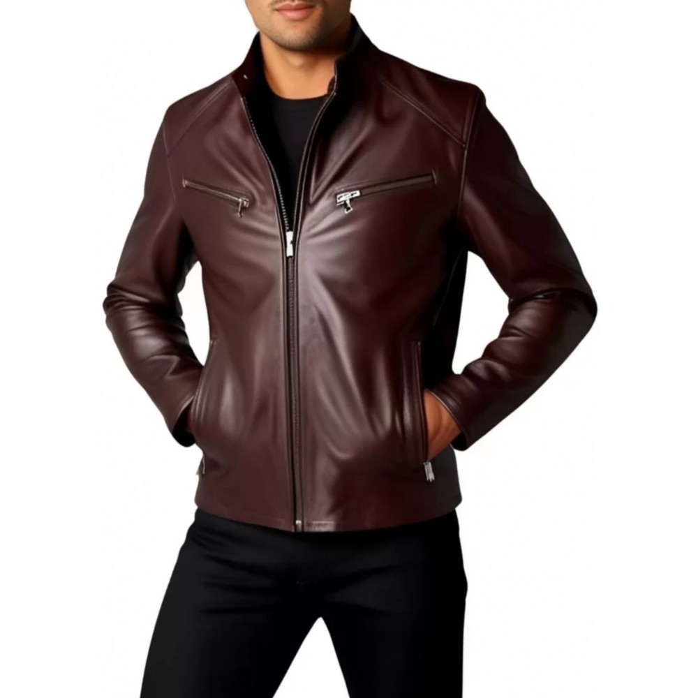 Blouson cuir homme classique en agneau marron modèle Zerome