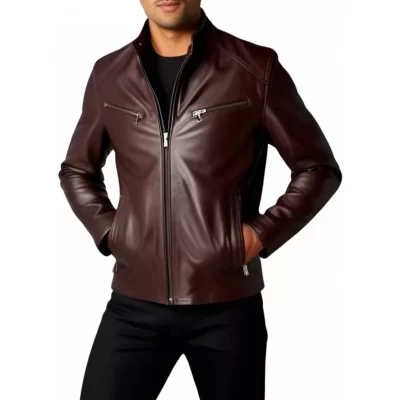 Blouson cuir homme classique en agneau marron modèle Zerome