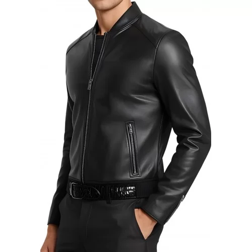 Blouson homme classique en cuir d'agneau noir ceinture agneau impression crocodile modèle Jarice