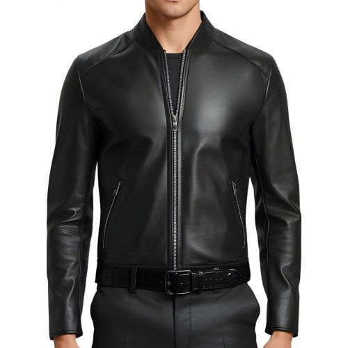 Blouson homme classique en cuir d'agneau noir ceinture agneau impression crocodile modèle Jarice