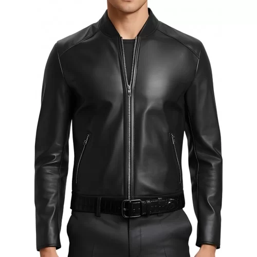 Blouson homme classique en cuir d'agneau noir ceinture agneau impression crocodile modèle Jarice