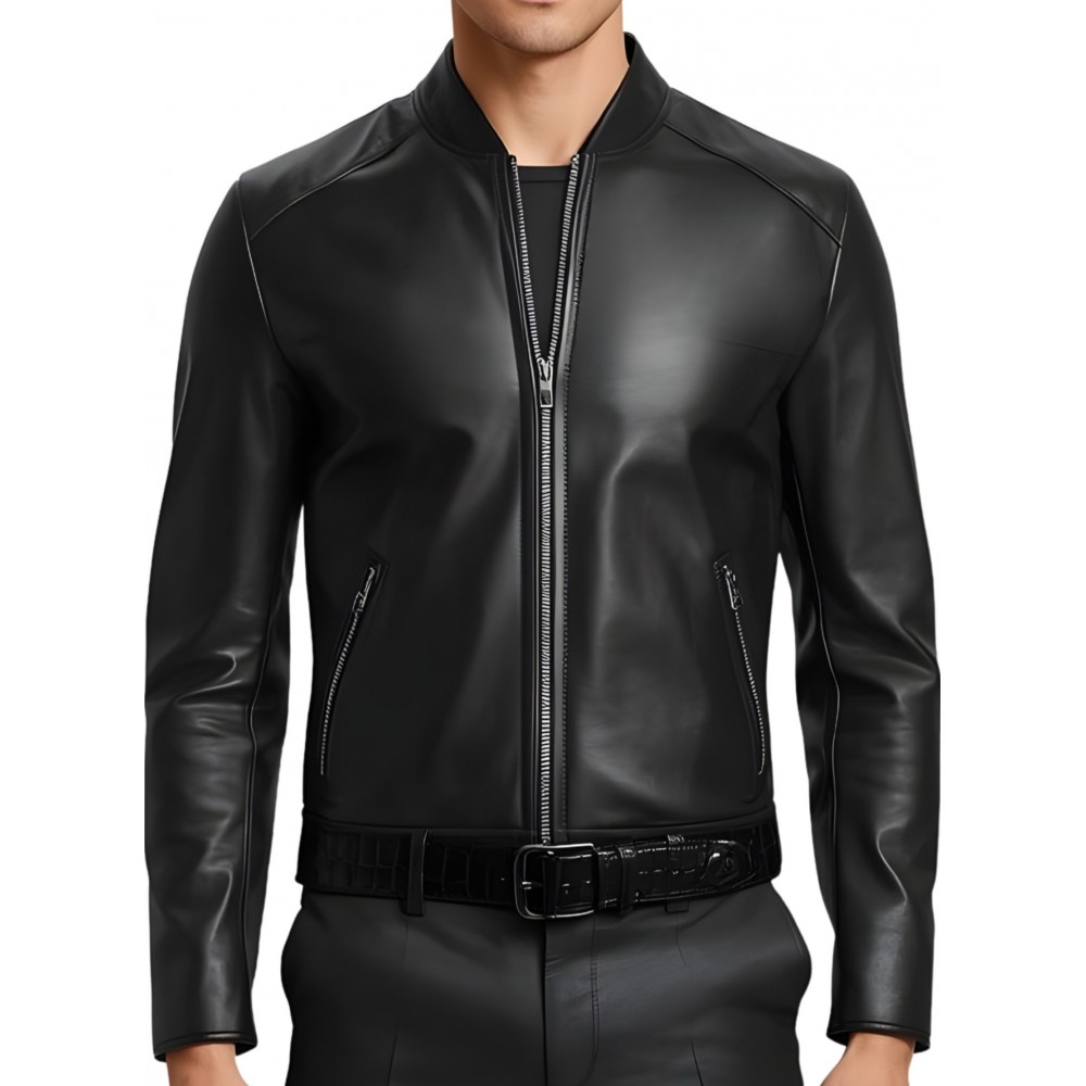 Blouson homme classique en cuir d'agneau noir ceinture agneau impression crocodile modèle Jarice