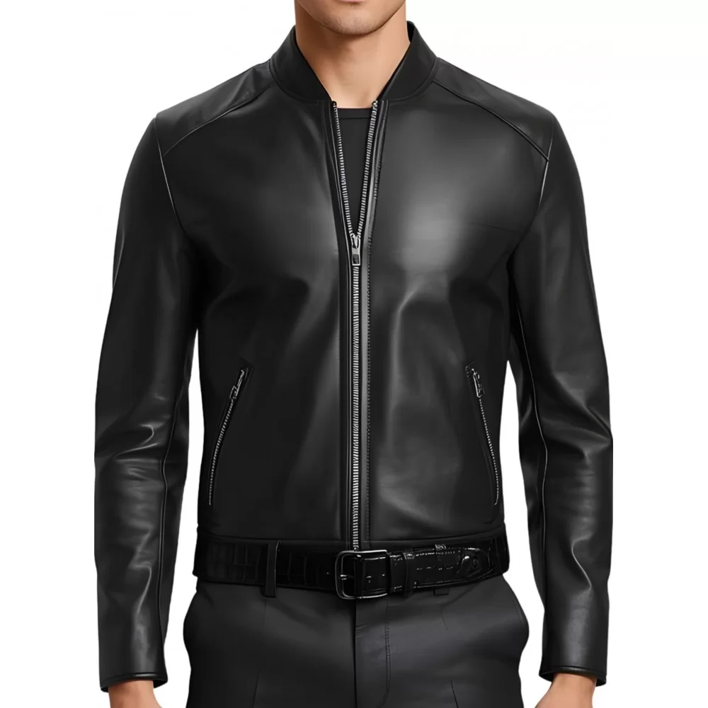 Blouson homme classique en cuir d'agneau noir ceinture agneau impression crocodile modèle Jarice