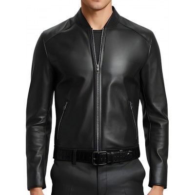 Blouson homme classique en cuir d'agneau noir ceinture agneau impression crocodile modèle Jarice
