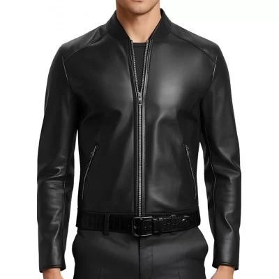 Blouson homme classique en cuir d'agneau noir ceinture agneau impression crocodile modèle Jarice