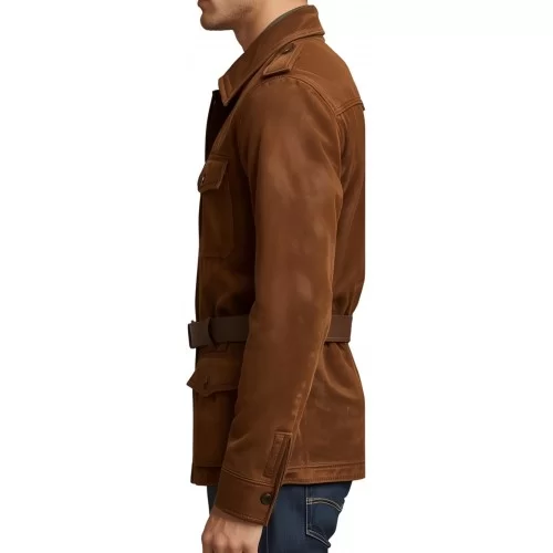 Veste de combat saharienne en peau d'agneau velours marron homme avec ceinture en cuir marron modèle Decoveure