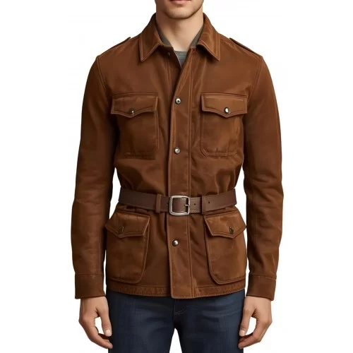 Veste de combat saharienne en peau d'agneau velours marron homme avec ceinture en cuir marron modèle Decoveure