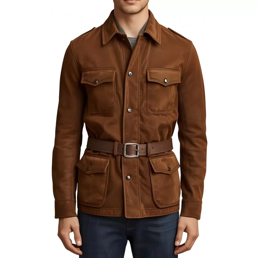 Veste de combat saharienne en peau d'agneau velours marron homme avec ceinture en cuir marron modèle Decoveure