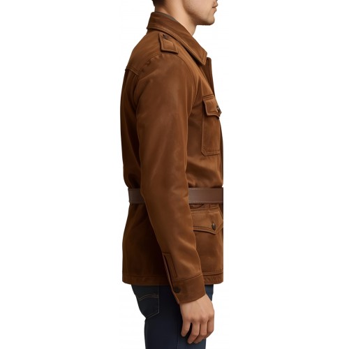 Veste de combat saharienne en peau d'agneau velours marron homme avec ceinture en cuir marron modèle Decoveure