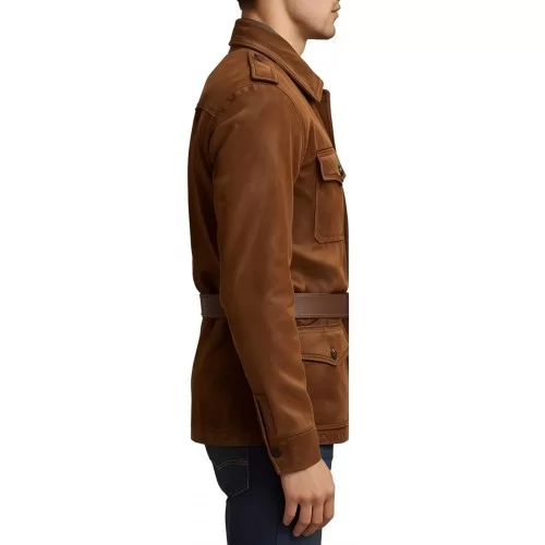 Veste de combat saharienne en peau d'agneau velours marron homme avec ceinture en cuir marron modèle Decoveure