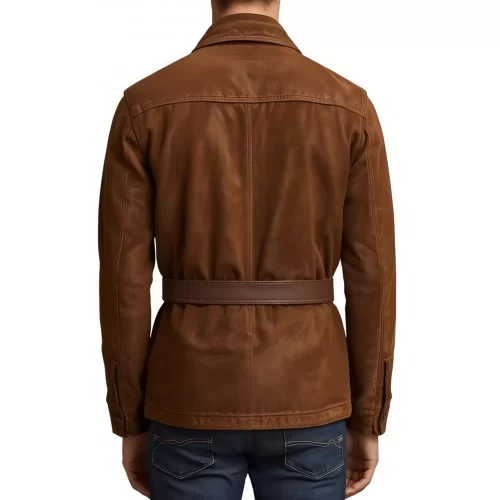 Veste de combat saharienne en peau d'agneau velours marron homme avec ceinture en cuir marron modèle Decoveure