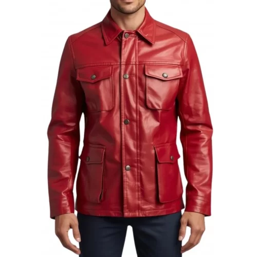 Veste de combat saharienne homme en cuir d'agneau rouge modèle Xario