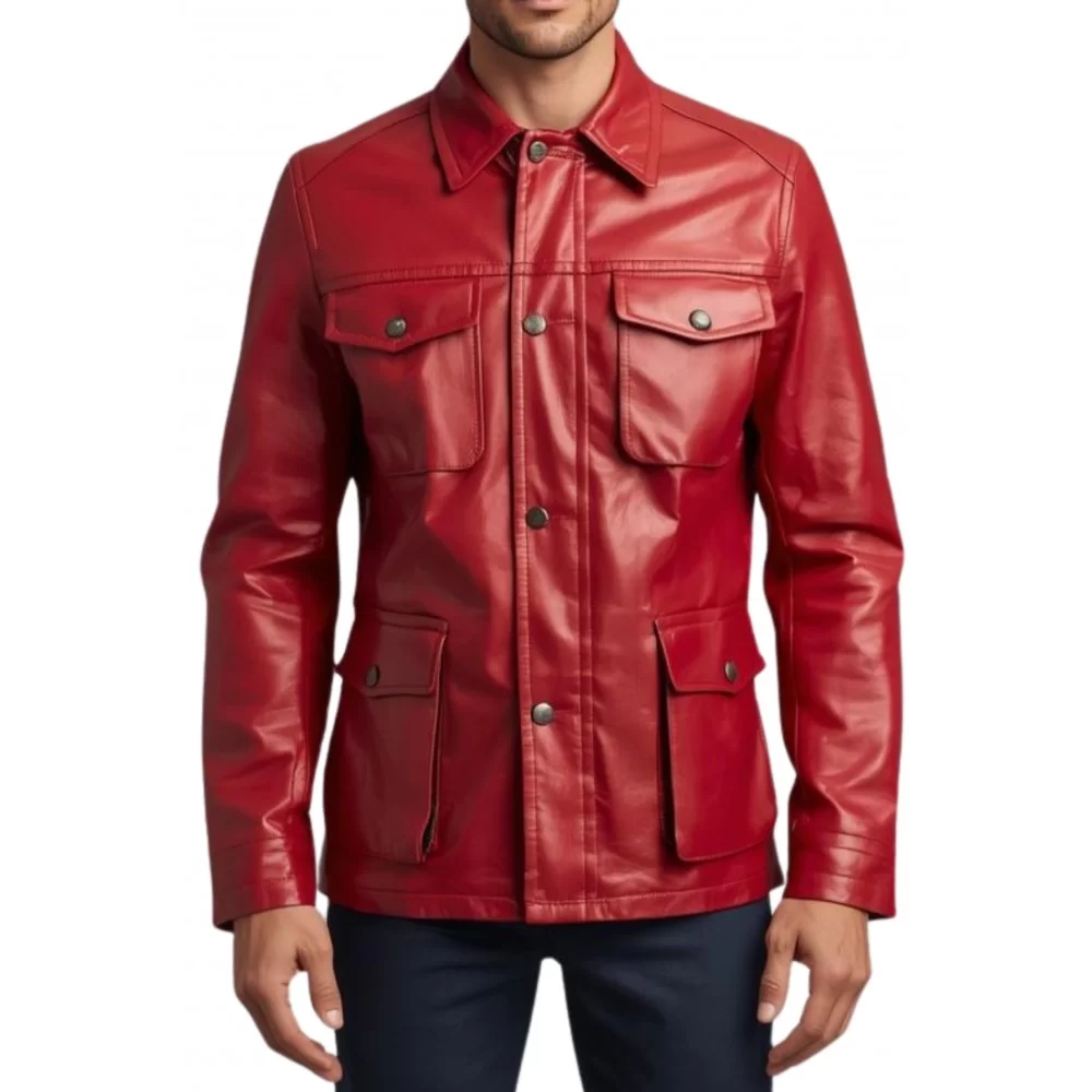 Veste de combat saharienne homme en cuir d'agneau rouge modèle Xario
