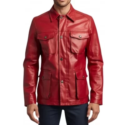 Veste de combat saharienne homme en cuir d'agneau rouge modèle Xario
