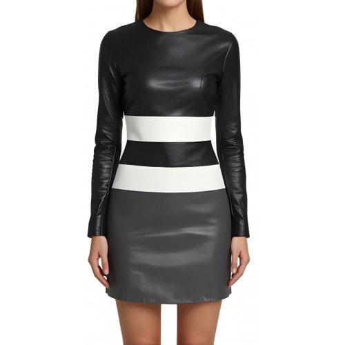 Robe mi longue en cuir d'agneau de trois couleurs noir blanc et gris sans manches modèle Amilia