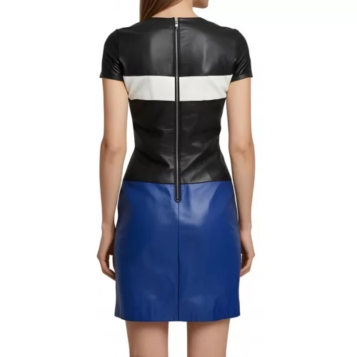 Robe mi longue en cuir d'agneau de trois couleurs noir blanc et bleu sans manches modèle Pirisse