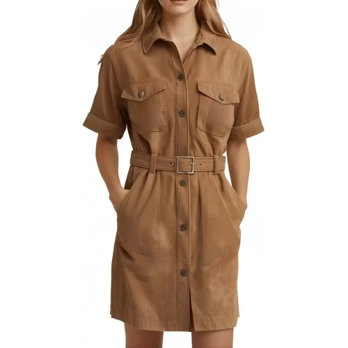 Robe saharienne mi longue en agneau velours daim gold modèle Baroudeuse