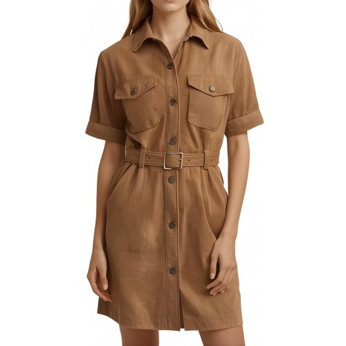 Robe saharienne mi longue en agneau velours daim gold modèle Baroudeuse