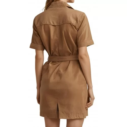 Robe saharienne mi longue en agneau velours daim gold modèle Baroudeuse