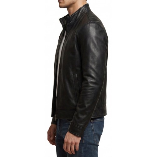 Blouson homme classique en cuir d'agneau noir modèle Olivore