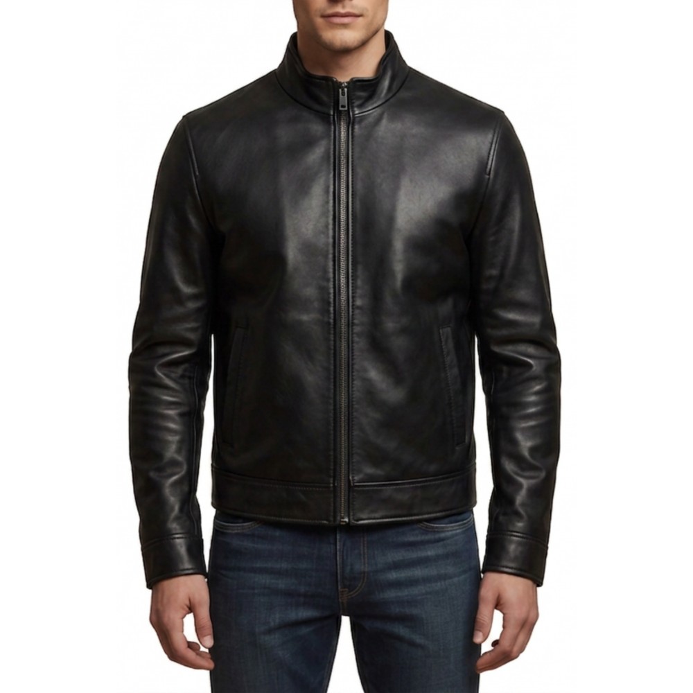 Blouson homme classique en cuir d'agneau noir modèle Olivore
