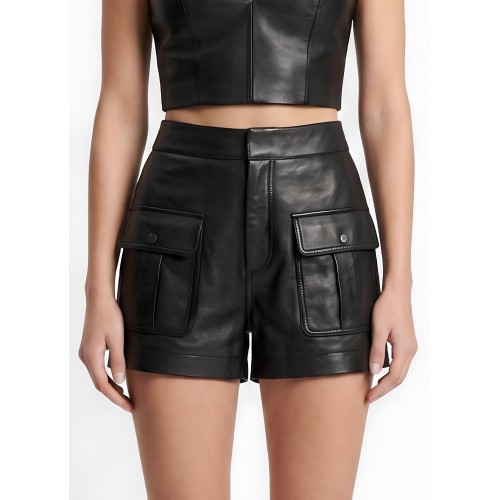 Short femme en cuir d'agneau noir type baroudeur modèle Ysicia