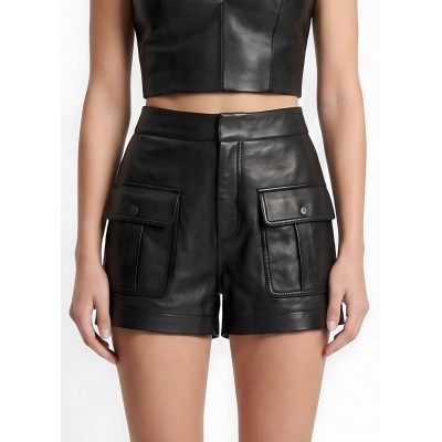 Short femme en cuir d'agneau noir type baroudeur modèle Ysicia