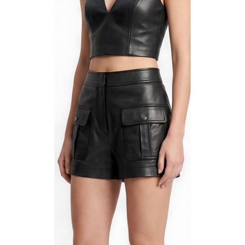 Short femme en cuir d'agneau noir type baroudeur modèle Ysicia