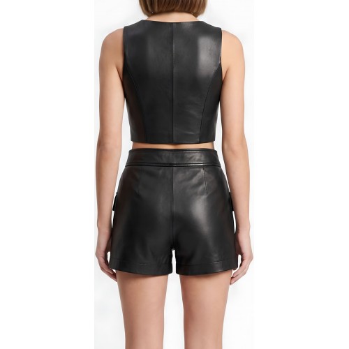 Short femme en cuir d'agneau noir type baroudeur modèle Ysicia