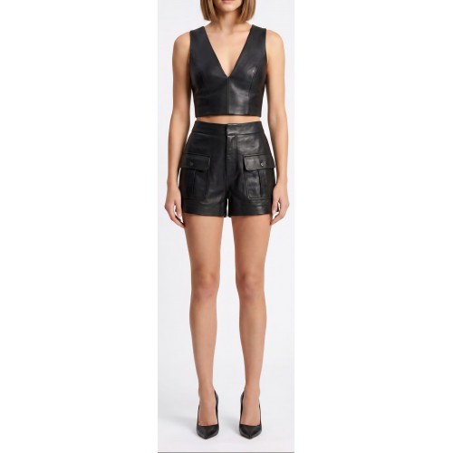 Tee shirt court top en cuir d'agneau noir modèle Ibysa
