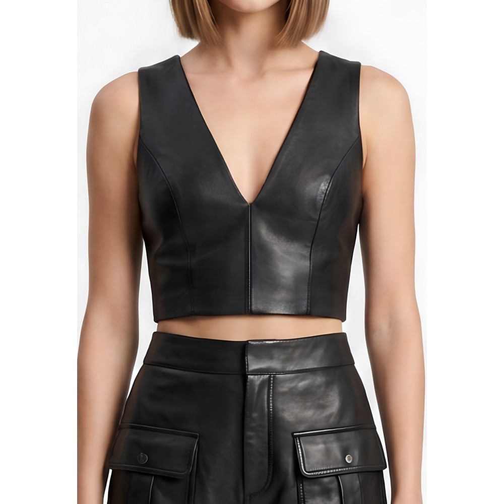 Tee shirt court top en cuir d'agneau noir modèle Ibysa