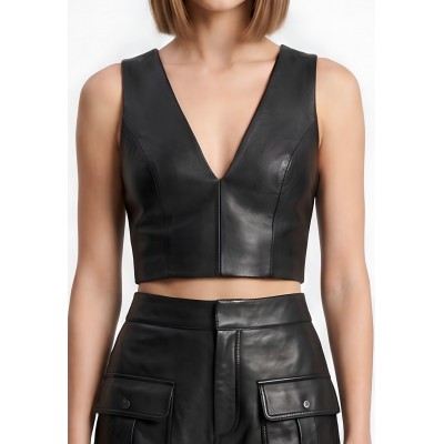 Tee shirt court top en cuir d'agneau noir modèle Ibysa