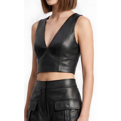 Tee shirt court top en cuir d'agneau noir modèle Ibysa