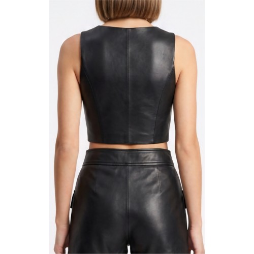 Tee shirt court top en cuir d'agneau noir modèle Ibysa