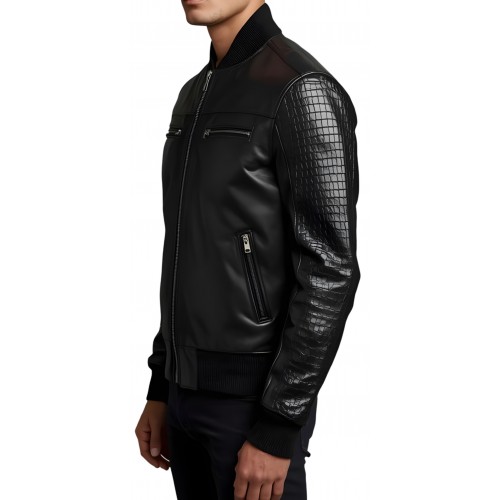Blouson homme en cuir d'agneau noir dessus de manches agneau impression crocodile modèle Mentore